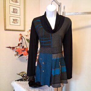 NWT Dolcezza Women's Black Gray Teal Blue Patchwork Blouse Long Sleeve Top 6 S